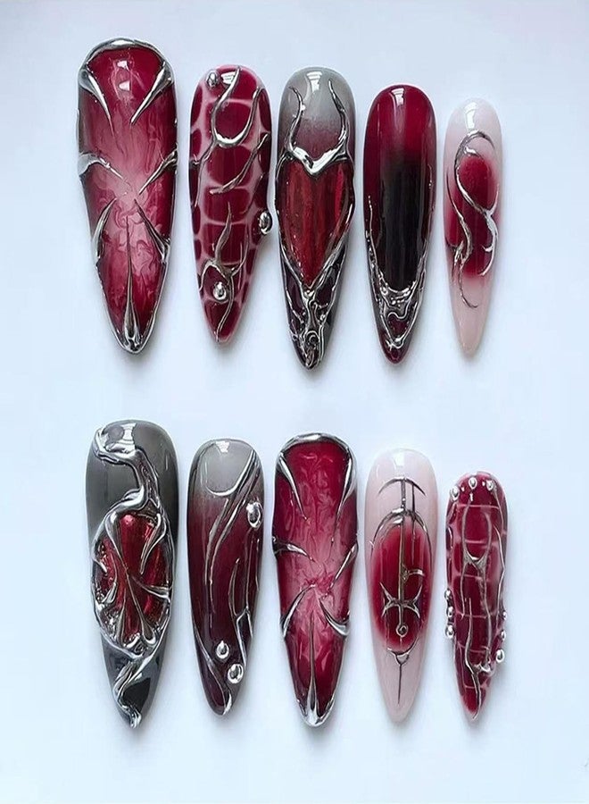 OSTTMA 24Pcs Gothic Press on Nails Long Stiletto Fake Nails Punk Metal False Nail Irregular Lines Y2k Metallic Heart Nails Tips Black Silver Red Gradient Full Cover Glue Stick on Nails for Women - Image 1